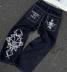 Vintage Gear Patch Punk Jeans High Street Spiderweb Straight Leg Pants Men's Wide Leg Pants Black Cargo Pants Y2k Clothes Baggy