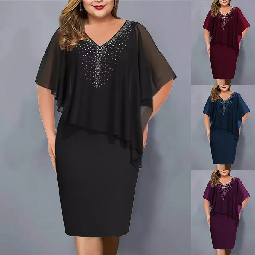 Plus Size Summer Fashion Chiffon Hot Diamond Dress Women's Solid V-Neck Short Sleeve Pencil Dress Elegant Commuter Fit Dress