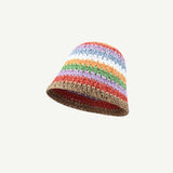 New Colorful Striped Knitted Hat for Women Spring Summer Sunscreen Bucket Hats Girls Sweet Casual Cap Beach Vacation Straw Hat