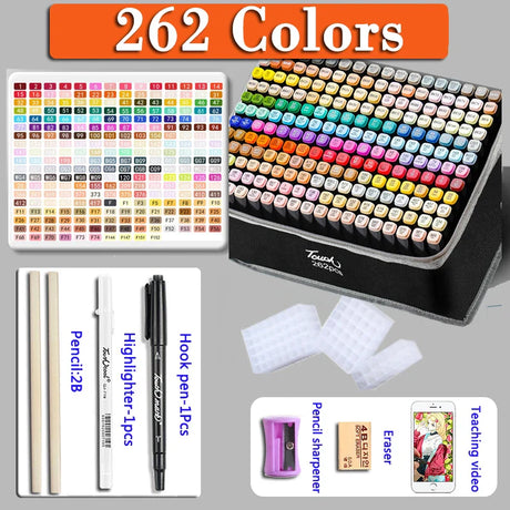 12-262PCS Colores Markers Pen Set Painting Brush Drawing Manga Highlighter School Art Supplies For Artist Korean Stationery