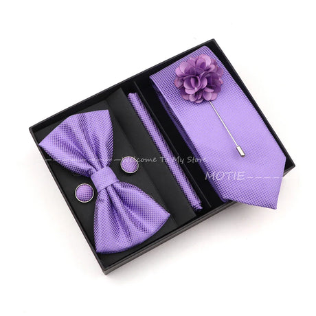 Solid Color Slim Plaid Ties Set With Box Purple Pink Bowties Handkerchiefs Brooches Cufflinks For Wedding Suit Accessories Gifts