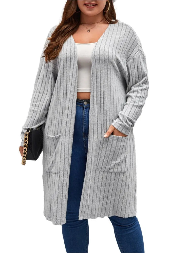 Plus Size Spring Autumn Midi Knitted Cardigan Women Casual Fashion V-Neck Ladies Cardigan Long Sleeve Loose Woman Sweater Coats