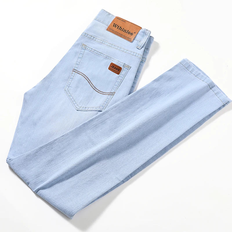 Summer Men's Stretch  Classic Style Business Jeans Casual Straight Slim Fit Versatile Men's High Quality Sky Blue Denim Trousers