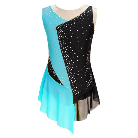 Kids Girls Figure Skating Dress Shiny Rhinestone Sheer Mesh Tutu Ballet Gymnastics Leotard Dress Ballroom Performance Dancewear