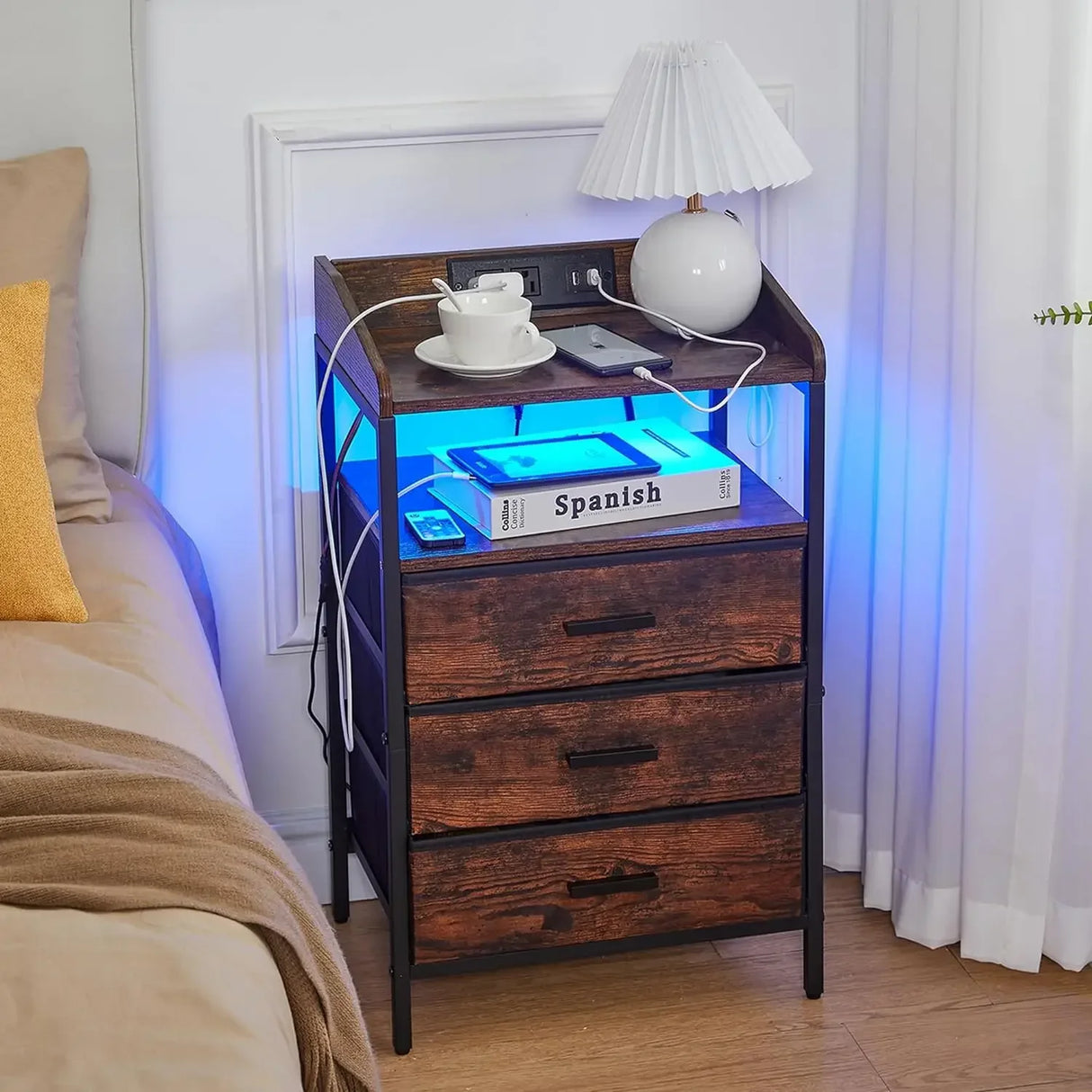 Nightstands with LED Lights  Charging Station, End Table  3 Fabric Storage Drawers  Shelves, Modern Side Tabl