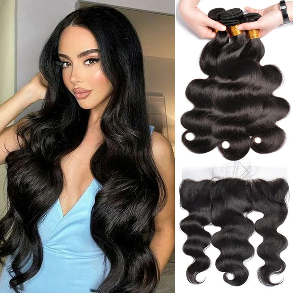 12A Peruvian Body Wave Bundles With Frontal Closure 13x4 Unprocessed Wet And Wavy Human Hair 3 Bundles With HD Lace Closure