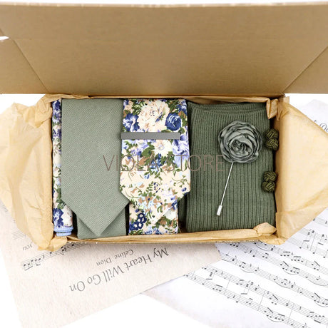 Viola Design 7 PCS Gift Box Cotton Sock Tie Sets Clip Pin Cufflinks Hanky Solid Floral Men Wedding Party Daily Cravat Accessory