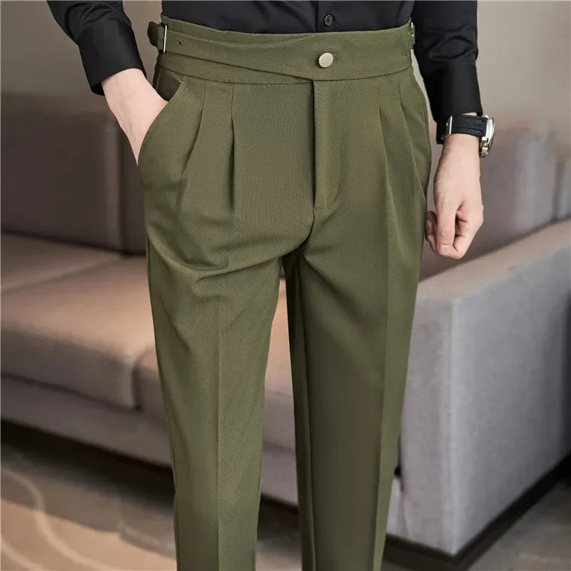 British Style Men High Waist Dress Pants 2023 Autumn Solid Color Casual Trousers Slim Fit Formal Suit Pants Fashion Men Clothing