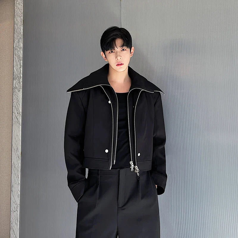 NOYMEI Short Coat Black Deconstructed Design Black Short Motorcycle High Collar Double Neck Double Zipper Jacket Men WA3171