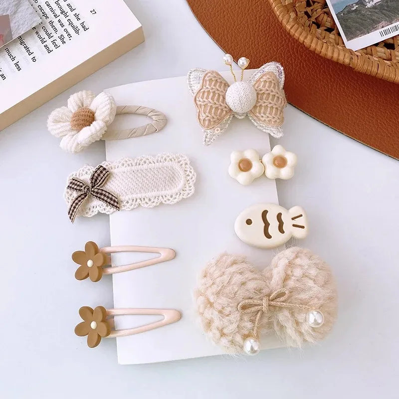 Wool Baby Girl Hairpins Princess Bows Kids Hair Accessories Flower Bunny Autumn Winter Baby Hair Clips Infant Headwear 8Pcs/Set