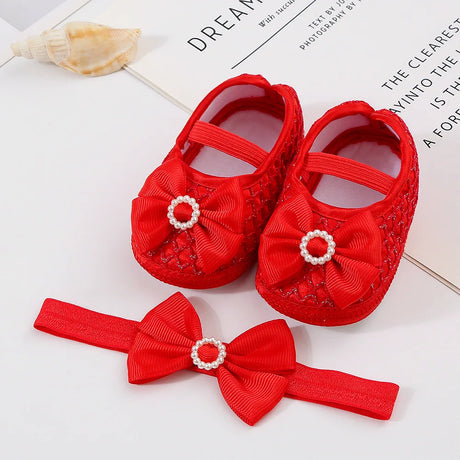 0~18M Cute Bowknot Newborn Baby Shoes Headband Set Anti Slip Toddler Infant First Walker Baby Girls Newborn Soft Sole Pink Shoes