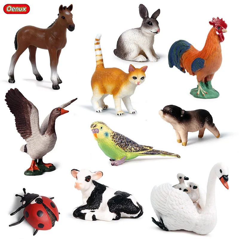 Oenux Farm House Model Action Figures Farmer Motorcycle Cow Hen Pig Animals Set Figurine Miniature PVC Cute Educational Kids Toy