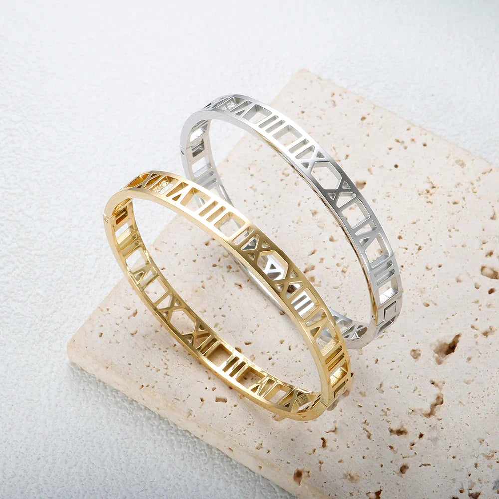 Hollow Roman Numeral Bracelets & Bangles 316L Stainless Steel Waterproof 4 7 12mm Classic Bangle For Women Men Fashion Jewelry