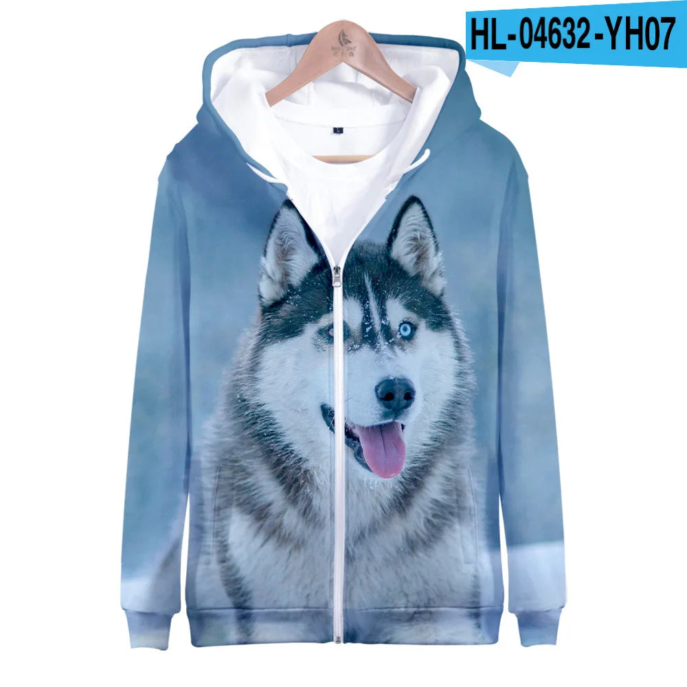 Animal Dog Husky 3D Print Zip Up Hoodie Women Men Harajuku Sweatshirt Streetwear Hip Hop Zipper Hooded Jacket Male Tracksuit