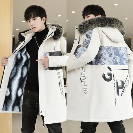 Winter Jacket Men Thicken Warm Parka Men Casual Long Outwear Hooded Fur Collar Jackets Fashion Print Coat Parkas High Quality