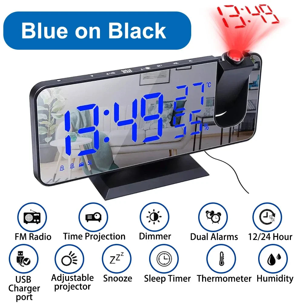 LED Digital Projection Alarm Clocks USB Electronic Ceiling Projector Alarm Clock with FM Radio for Bedroom Bedside Desktop Clock