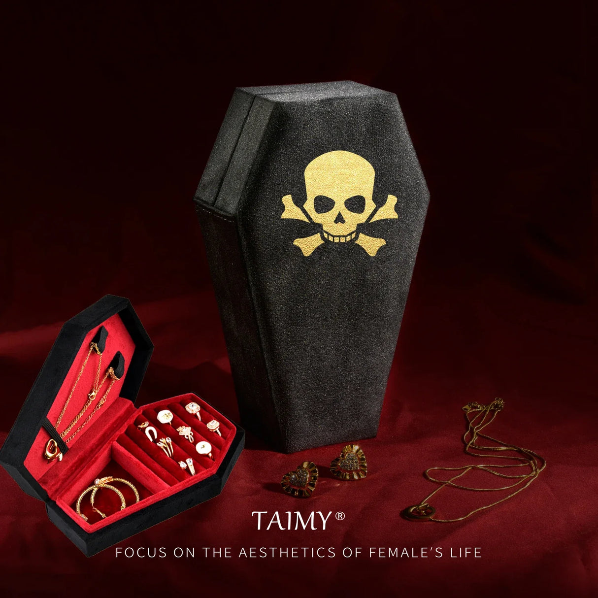 TAIMY Gothic Velvet Jewelry Coffin Shape Ring Necklace Storage Box Logo Custom Display Packaging Case Travel Hip Hop Rap Boxes