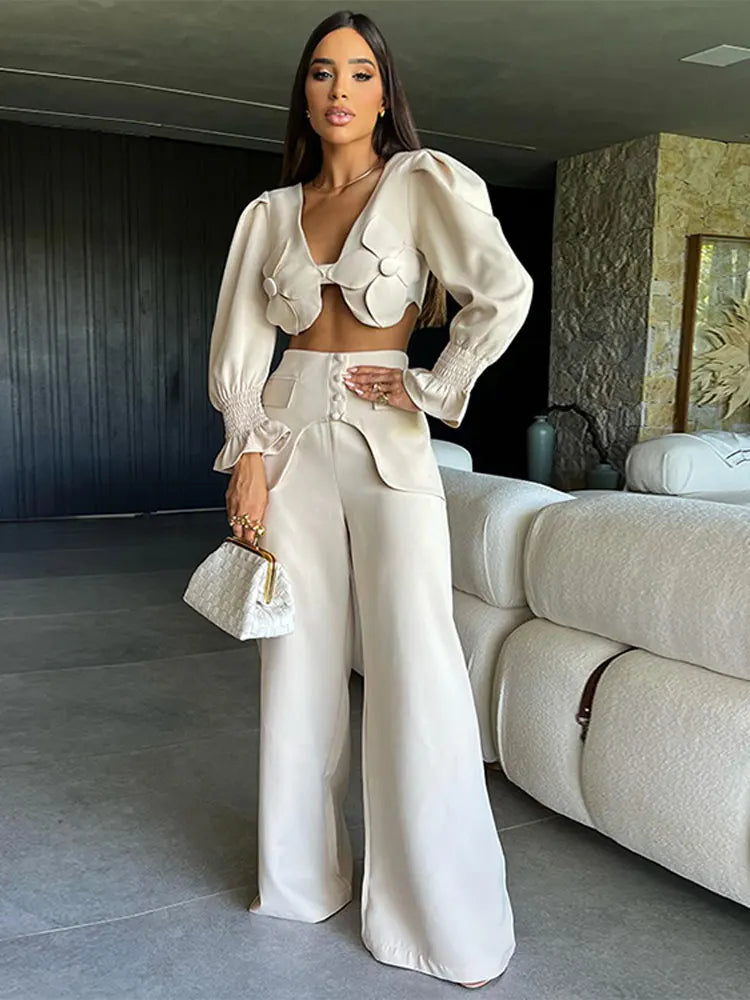 Women Elegant 3d Flower High Waist Wide Leg Pants Suit Chic V Neck Long Flare Sleeves Crop Top Set Female Fashion Outfits 2024