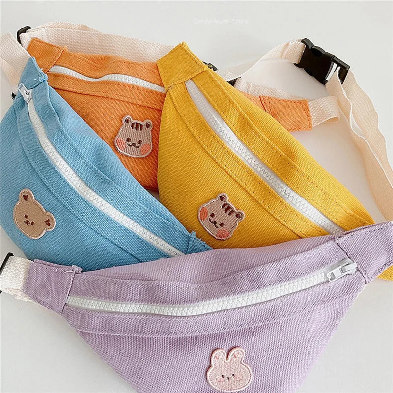 Korean Style Children Diagonal Small Waist Bags Cartoon Bear Baby Crossbody Canvas Bag Boy Girl Kid Leisure Travel Mini Backpack