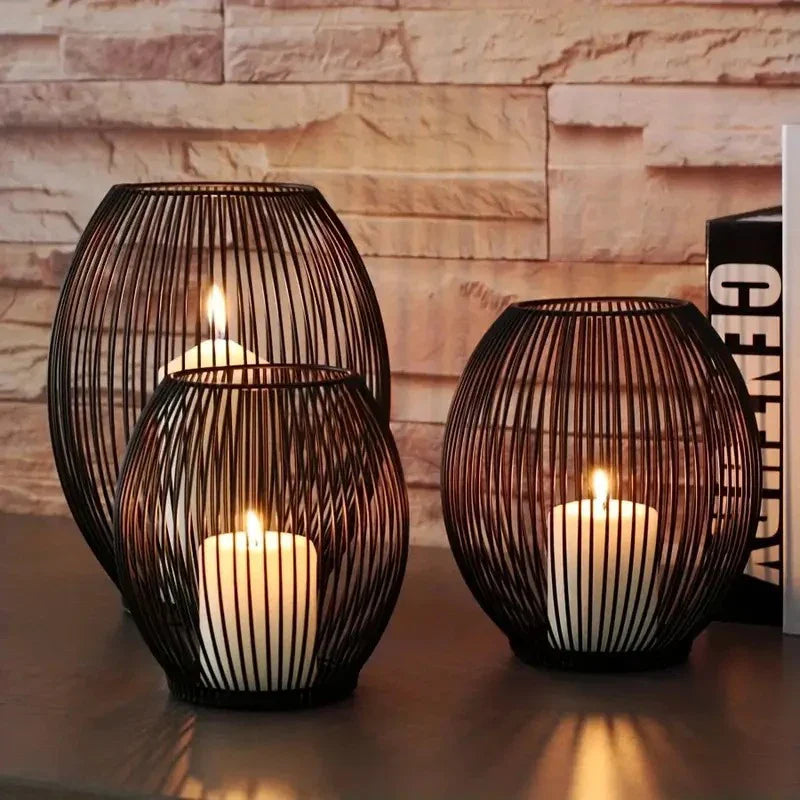 15/19/24cm Black Iron Wire Bird Cage Lantern Shape Candlestick Holder Vintage Craft Wedding Party Table Dinner Decoration