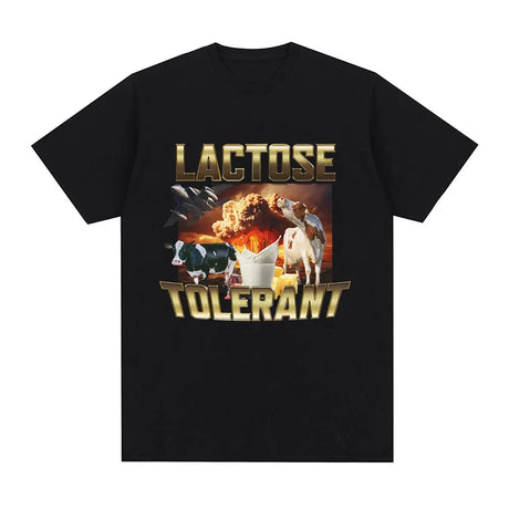 Lactose Tolerant Graphic Print T-Shirt Men's Vintage Fashion Short Sleeve T-shirts 100% Cotton Casual Cozy Oversized T Shirts