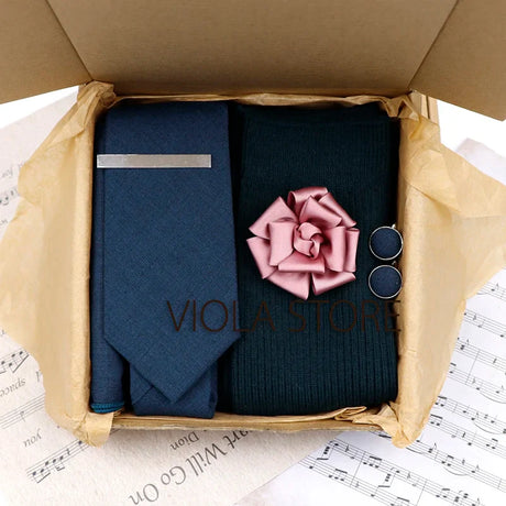 Viola Design 5PCS Gift Box Solid Cotton Sock Tie Sets Clip Pin Cufflinks Hanky Colorful Men Wedding Party Daily Cravat Accessory