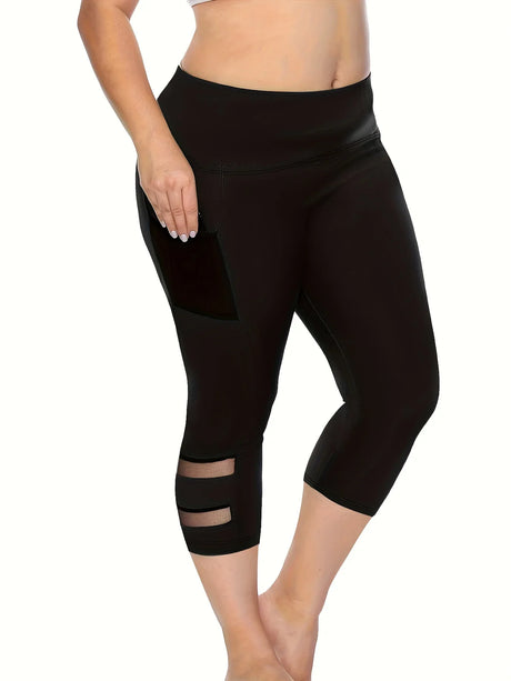 Plus Size 2024 New Summer Sporty Casual Leggings, Women's Oversized Fashion Plain High Rise Contrast Mesh Capri Leggings