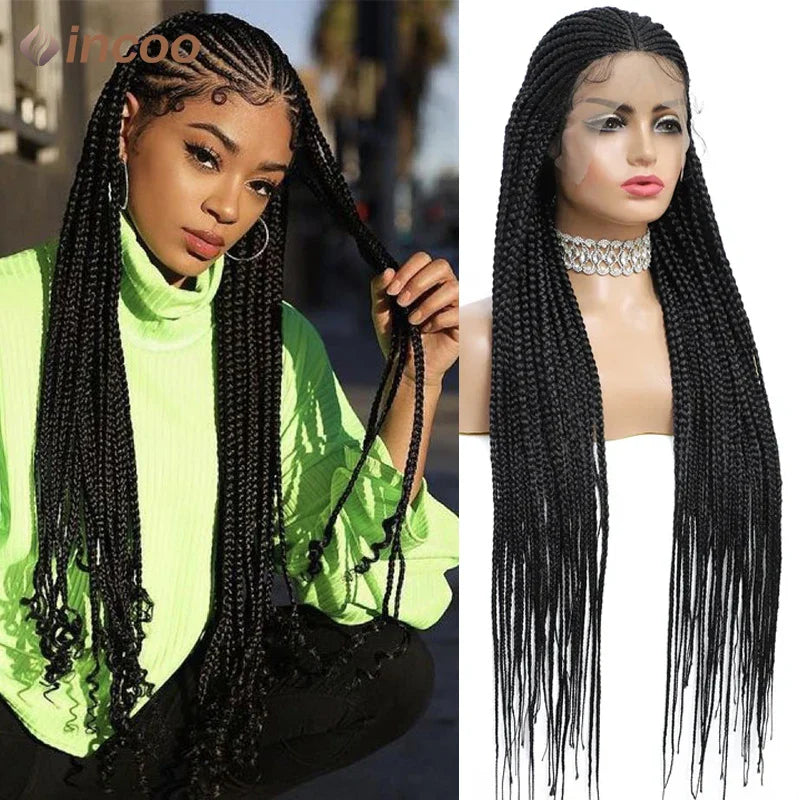 36" 13x8 Lace Front Wigs Knotless Braided Wigs For Women Straight Cornrow Braids Wig Hand-Braided Synthetic Lace Frontal Wig