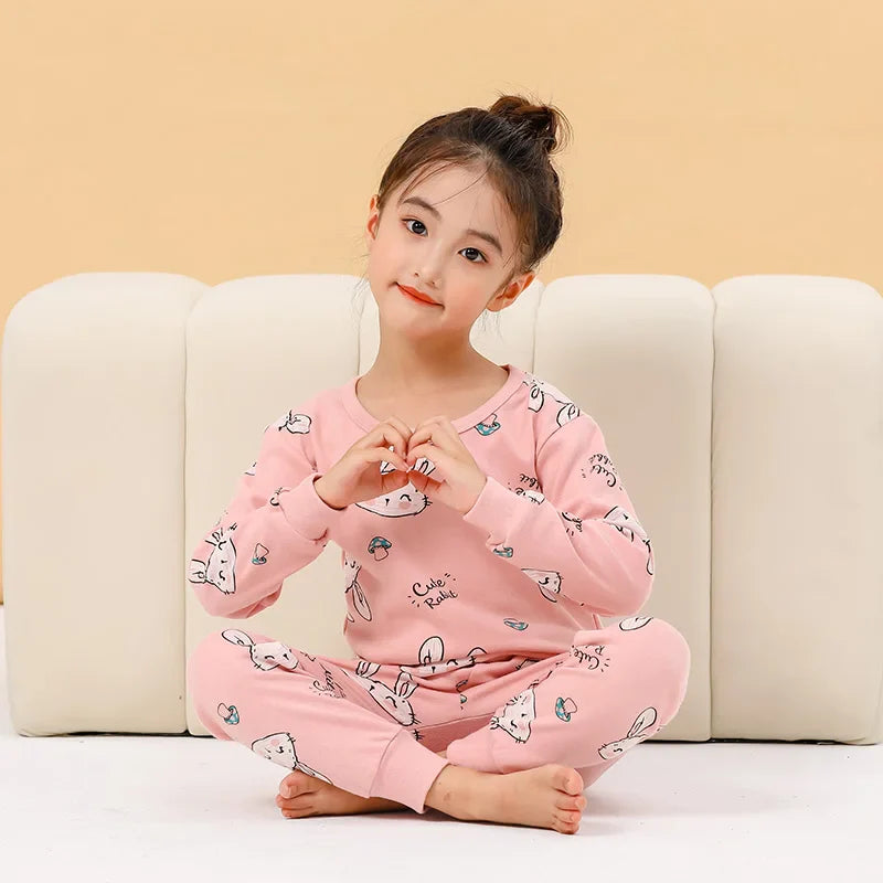 Autumn Cotton Sleepwear Sets for Children Baby Girls Lovely Heart Pajamas 2Pcs Long Sleeve Shirts+Pants Loungewear Kids Clothing