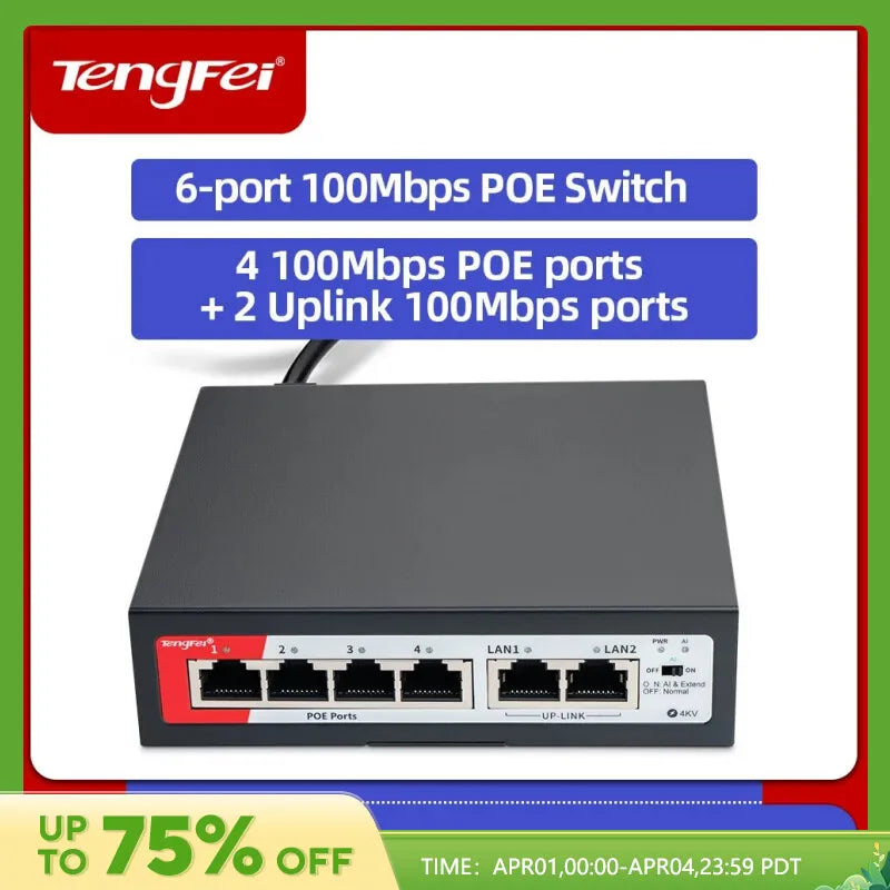 TengFei POE Switch 6Port 100Mbps Switch 4 PoE+2 UpLink With Internal Power Office Home Network Hub for IP Camera with Phone