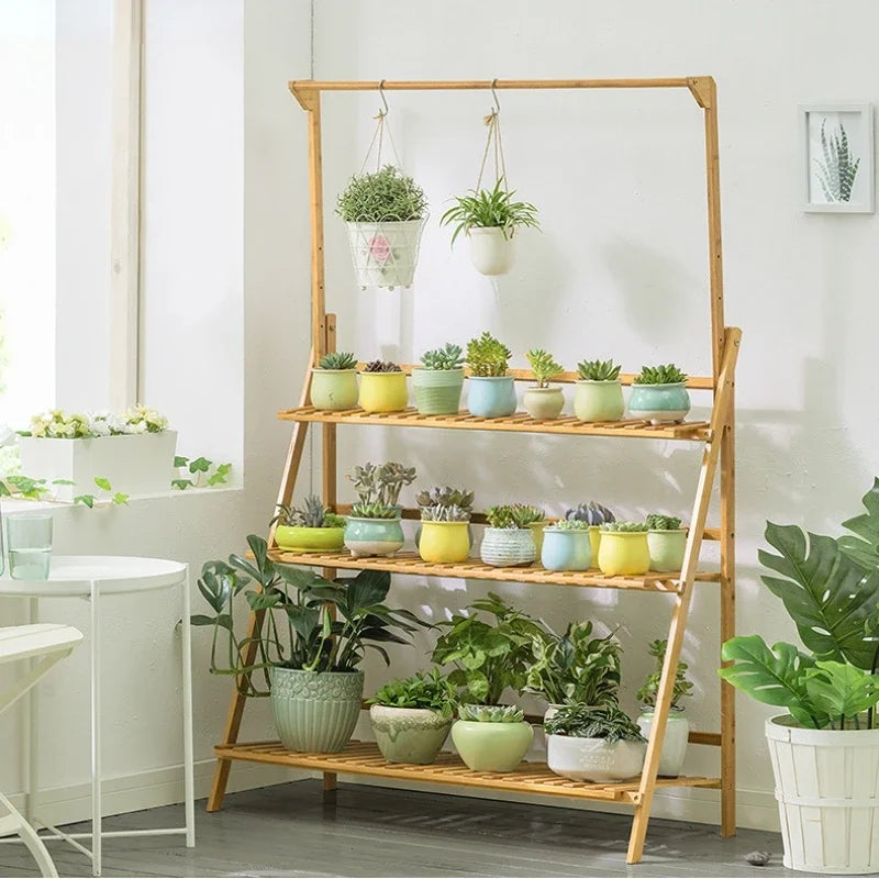 Plant Stand Storage Shelf 3-Tier Hanging Stand for Flowers Folding Organizer Display Storage Rack Adjustable Hanger Rod Bamboo