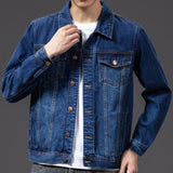 Men Denim Jacket Long Sleeves Multi Pockets Lapel Single-breasted Cardigan Loose Korean Style Men Spring Fall Coat