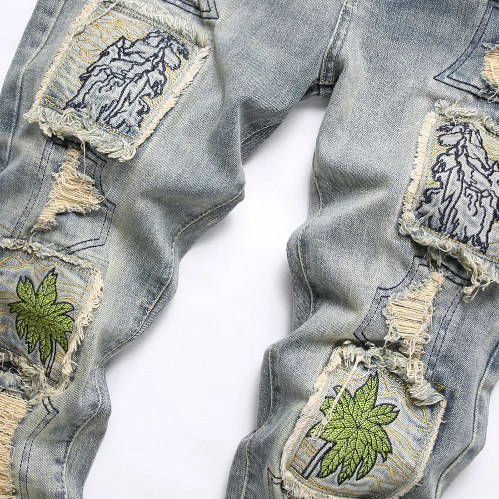 Men Embroidery Patches Denim Jeans Holes Ripped Distressed Pants Slim Tapered Vintage Blue Stretch Trousers