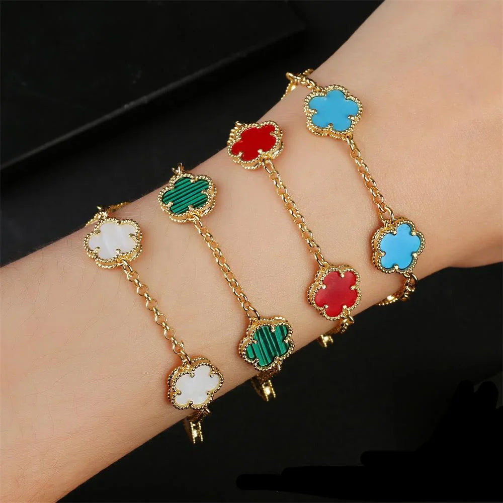 Uwin Five Leaf Flower Bracelet Natural Stone Malachite Shell Agate Flower Bracelet