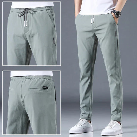 Ice Silk Men's Pants 2024 Summer New Black Gray Thin Business Casual Pants Outdoor Elastic Breathable Straight Leg Sweatpants