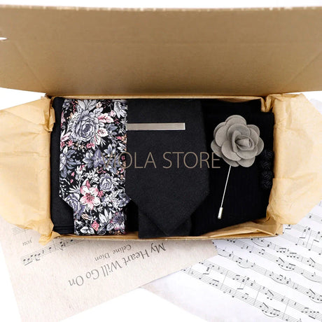 Viola Design Gift Box Hot Solid Floral Cotton Sock Necktie Set Clip Cufflinks Pin Hanky Men Wedding Party Daily Cravat Accessory