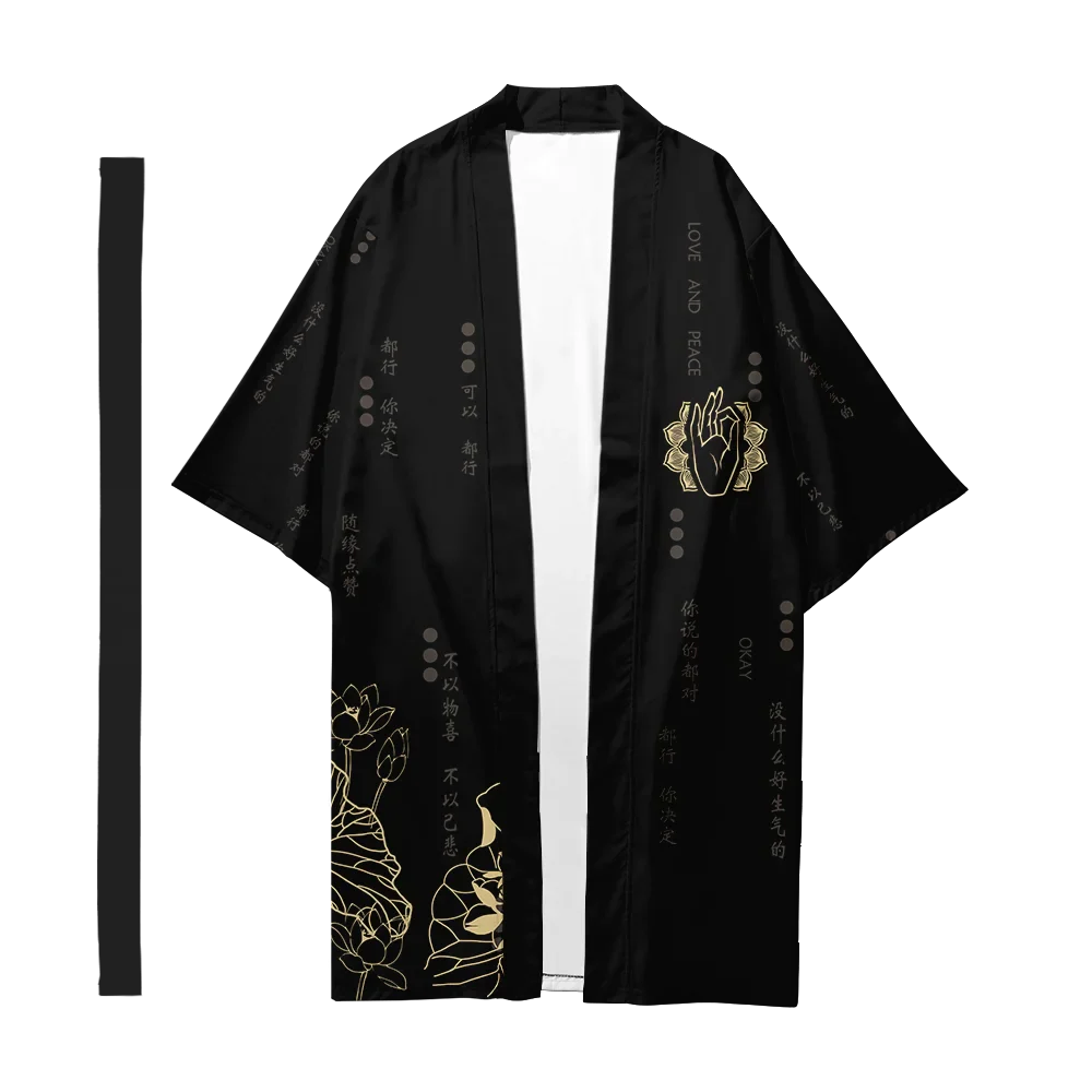 Men's Japanese Long Kimono Cardigan Men's Samurai Costume Kimono Fireworks Pattern Kimono Shirt Yukata Outer Cover