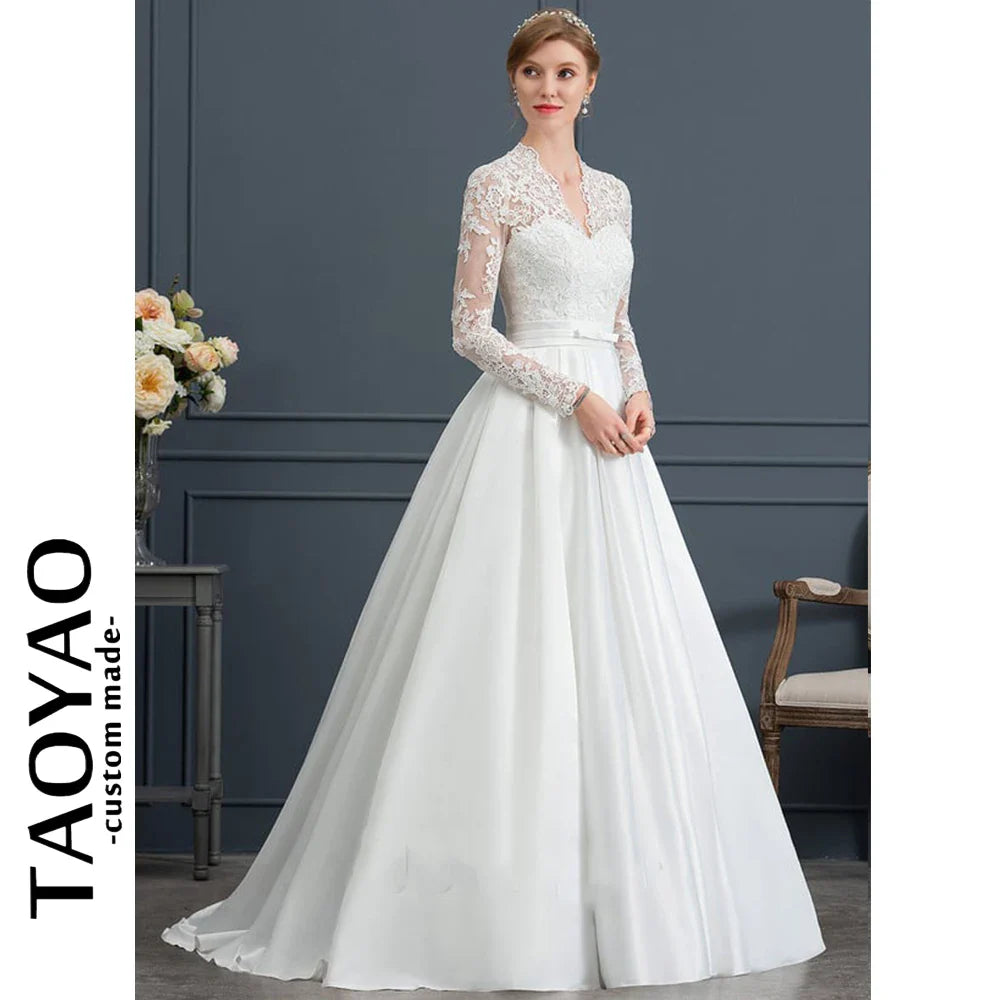 Princess Ball-Gown Wedding Dress V-Neck Bride Dresses Train Lace Satin Elegant And Pretty Women's Dresses Vestidos Para Mujer