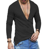 Mens Plain Slim Fitness Long Sleeve T-shirt Deep V Neck Button Tops Muscle Tee Blouse See Through Shirts Male Casual Tees Tops