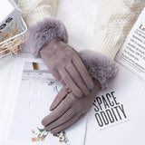 Female Faux Rabit Fur Suede Leather Touch Screen Driving Glove Winter Warm Plush Thick Embroidery Full Finger Cycling Mitten H92