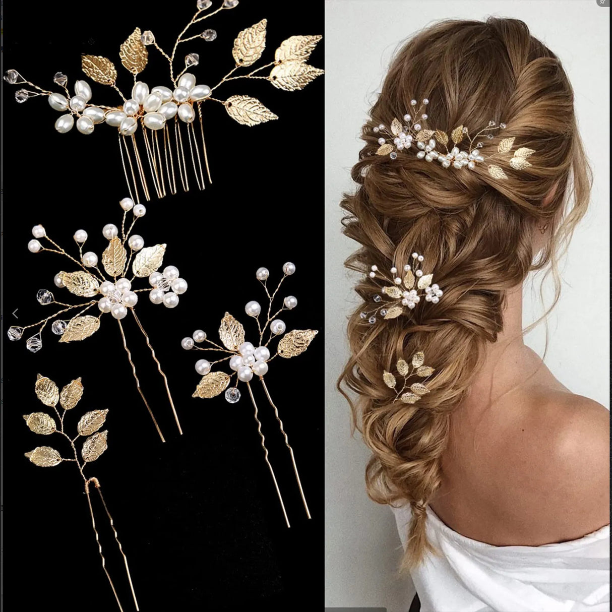 Pearl Flower Hairpin Side Comb Golden Leaf Shaped Alloy Tiaras Wedding Bride Insert Hair Clips Hair Jewelry Bride Headwear