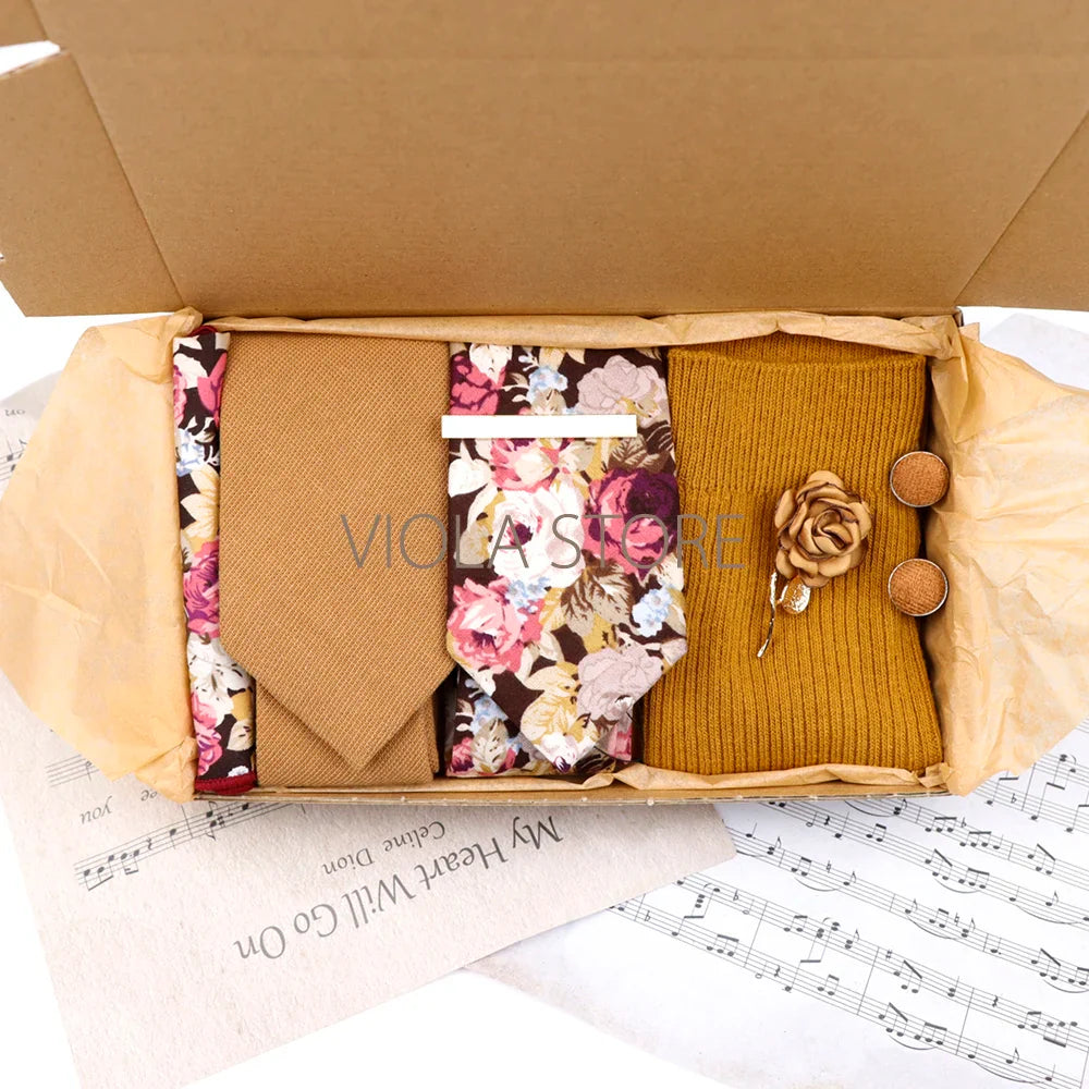 Viola Design 7 PCS Gift Box Cotton Sock Tie Sets Clip Pin Cufflinks Hanky Solid Floral Men Wedding Party Daily Cravat Accessory