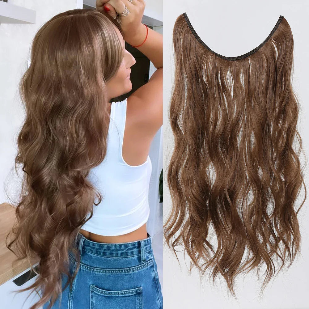 HAIRCUBE Synthetic No Clip Hair Extension Natural Hair Piece For Women Long Wavy Light Brown One Piece Fish Line False Hairpiece