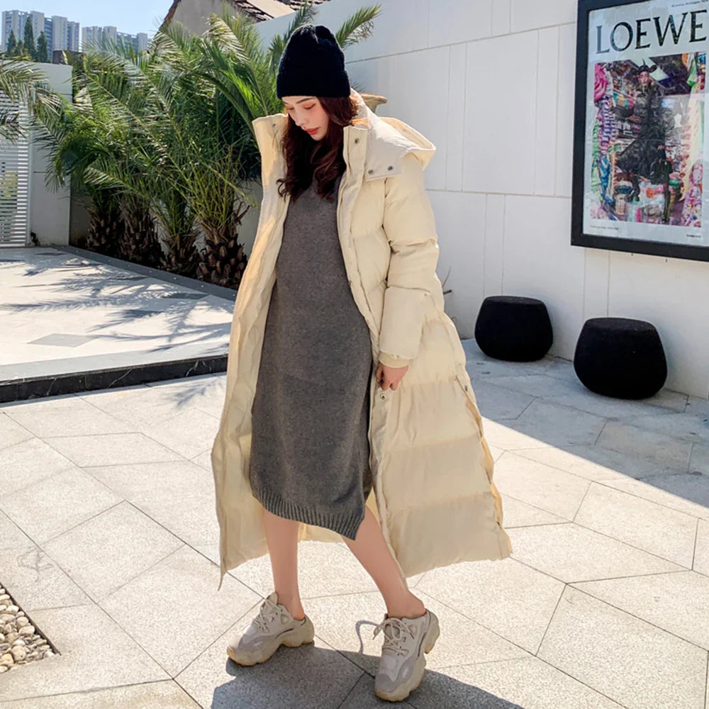 Women X-long Hoodie Down Coat Cotton Padded 2022 New Korean Design Ankle Length Lengthened Thicken Warm Hooded Overcoat Snowwear