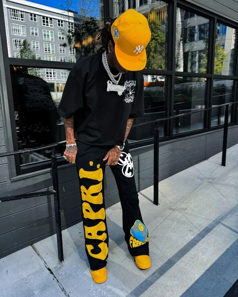 American Street Hip-hop Embroidered Wide-leg Pants Men High Street Fashion Brand Floor-length Pants Loose Casual Knitted Pants