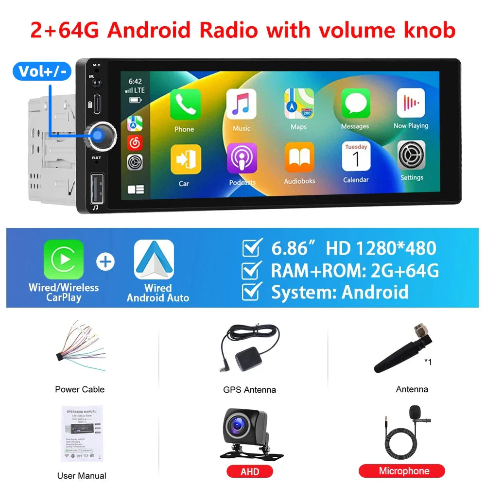 Podofo 9'' 1Din Android Car Radio Carplay Android Auto Automotive multimedia 2+64G Intelligent Car System Car Stereo