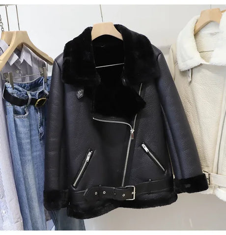 LY VAREY LIN Winter Women Faux Leather Lambs Wool Fur Collar Pu Moto Zipper Jacket Warm Thick Outerwear Faux Lamb Leather Jacket