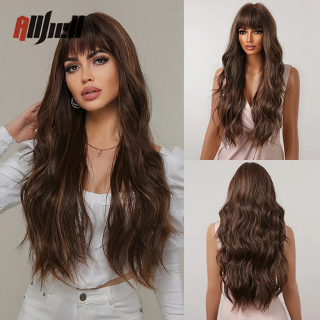 Copper Ginger Brown Wigs with Bangs Natural Synthetic Long Wavy Wigs for Black Women Afro Cosplay Daily Heat Resistant Hair Wig