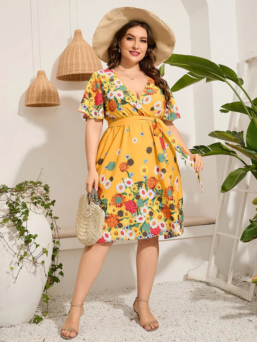 4xl 5xl Plus Size Midi Dress Women 2023 Summer V Neck Short Sleeve Floral Print Yellow Dress for Women Large Size Beach Dresses