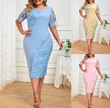 Plus Size Summer Fashion Lace Splice Party Dress Women's Solid Round Neck Short Sleeve Pencil Dress Elegant Commuter Dress